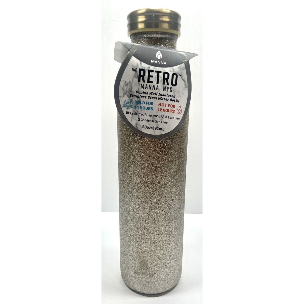 The Retro Manna Glitter Brights Double Wall Insulated Water Bottle Gold 20oz New